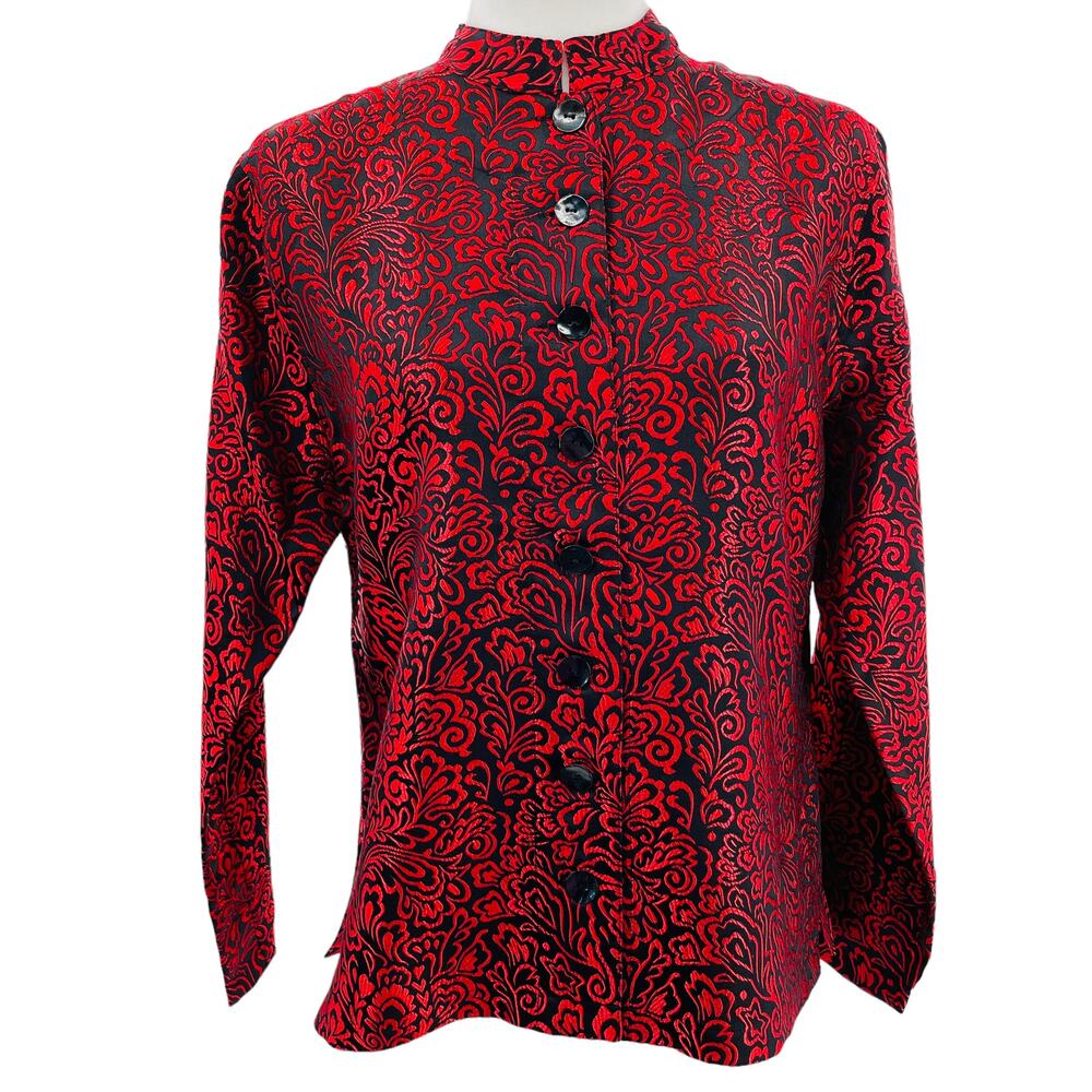 Additions by Chicos Red & Black Floral Satin Mock Collar Jacket Women Sz S